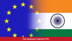 Infographic map illustrating the India-EU Free Trade Agreement (FTA) connecting key industrial states in India with European markets, highlighting quality compliance pathways.