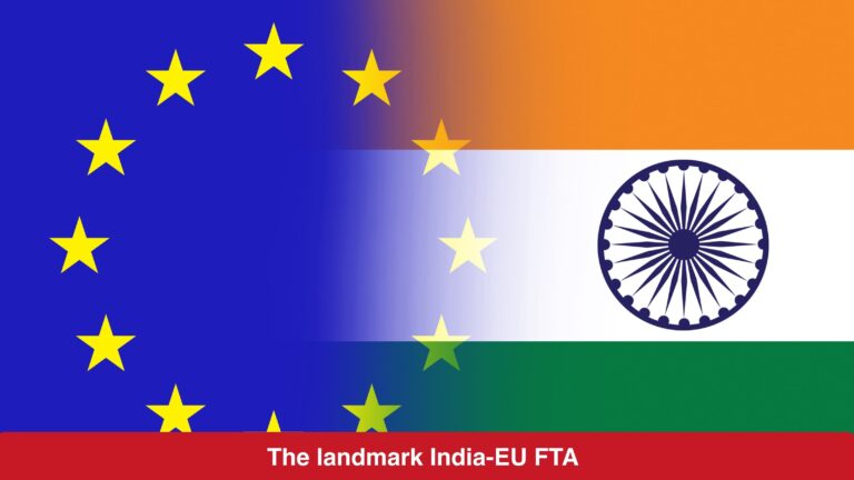 Infographic map illustrating the India-EU Free Trade Agreement (FTA) connecting key industrial states in India with European markets, highlighting quality compliance pathways.