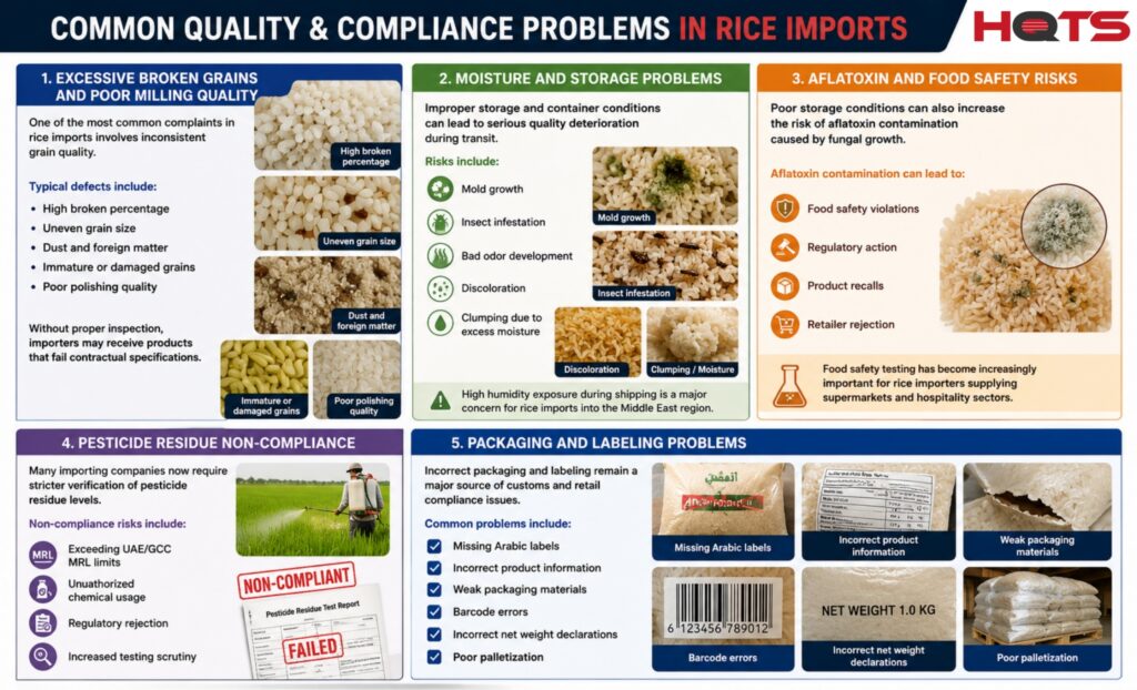 Infographic showing common quality and compliance problems in rice imports including broken grains, moisture damage, aflatoxin contamination, pesticide residue risks, and packaging issues.